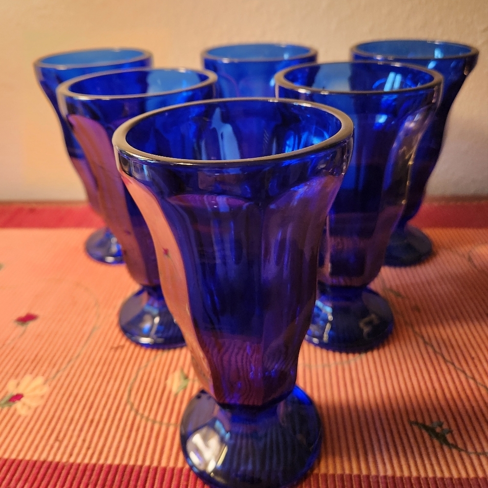 Vintage Anchor Hocking Cobalt Blue Glass 10oz. Soda Fountain Glasses Set of 6